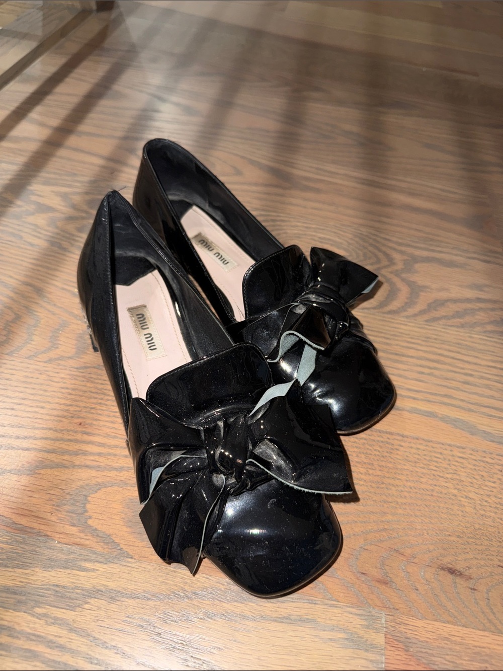 Miu Miu Black Patent Bow-Detail Leather Flats